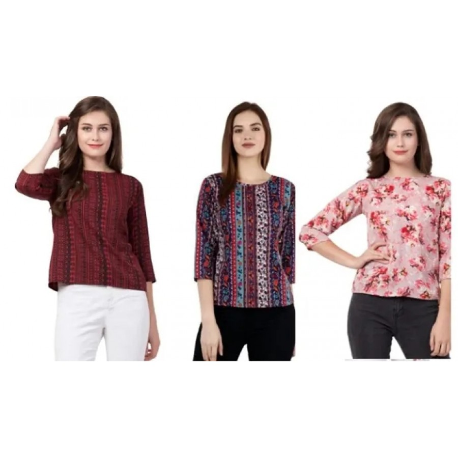 Combo Set of 3 Crepe T-Shirt Top  for Women ,170 gsm with Bio Wash