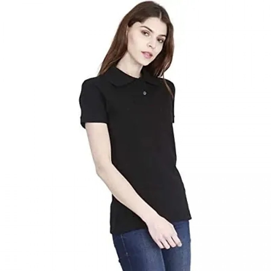 Elegant Black Cotton Blend Solid Polos For Women