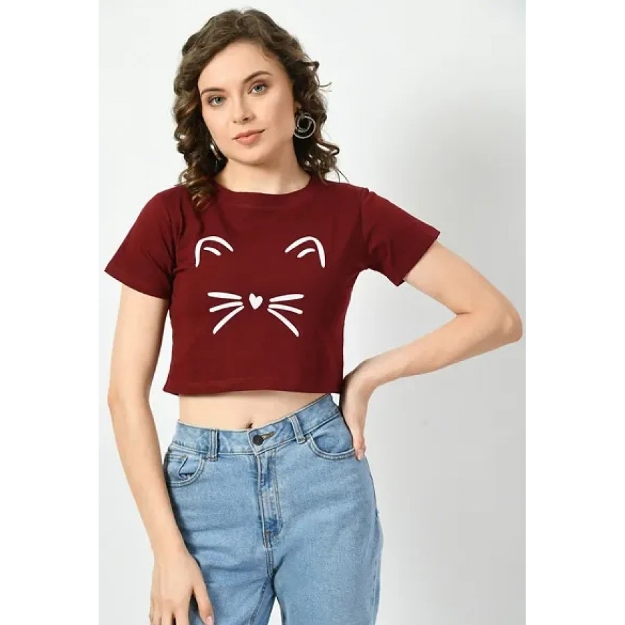 Elegant Maroon Cotton Printed Tshirt For Women