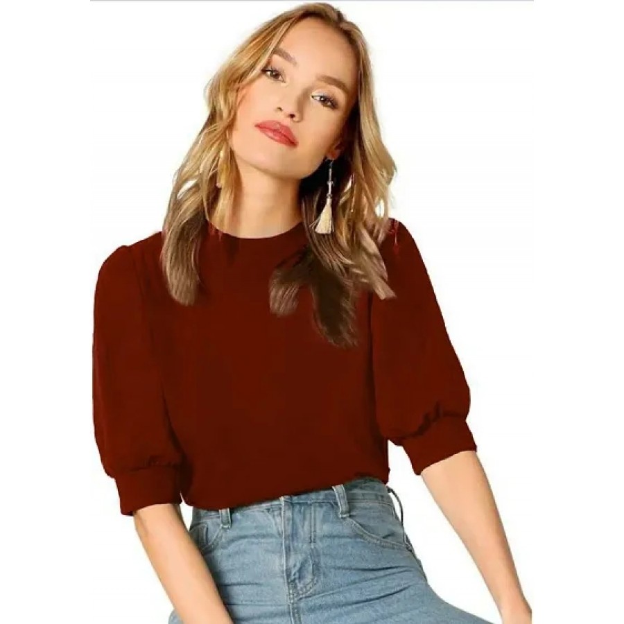 Elegant Maroon Polyester Solid Top For Women