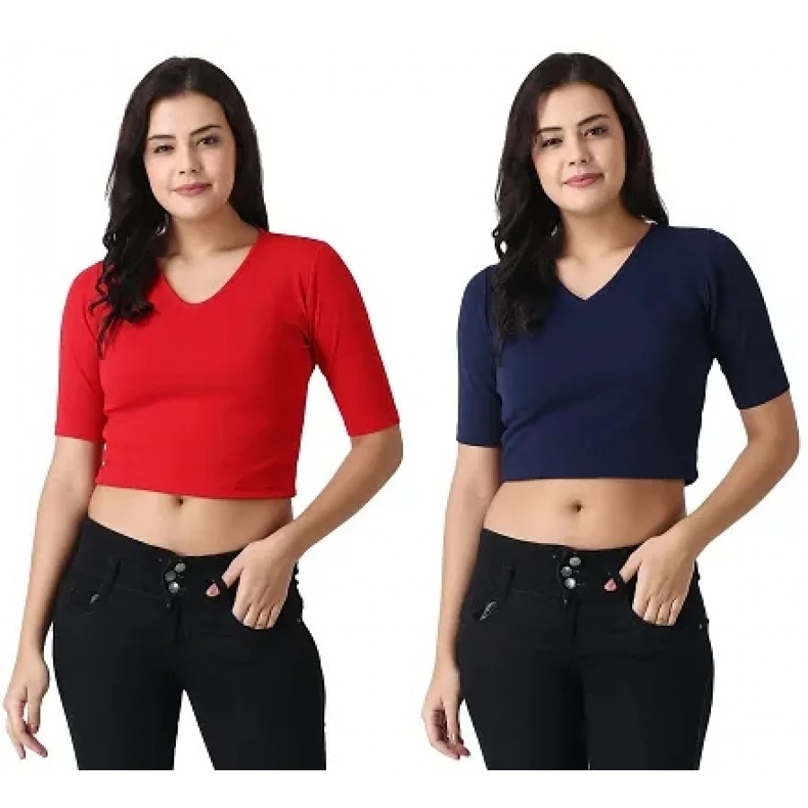 Elegant Multicoloured Polycotton Solid Crop Tops For Women Pack OF 2