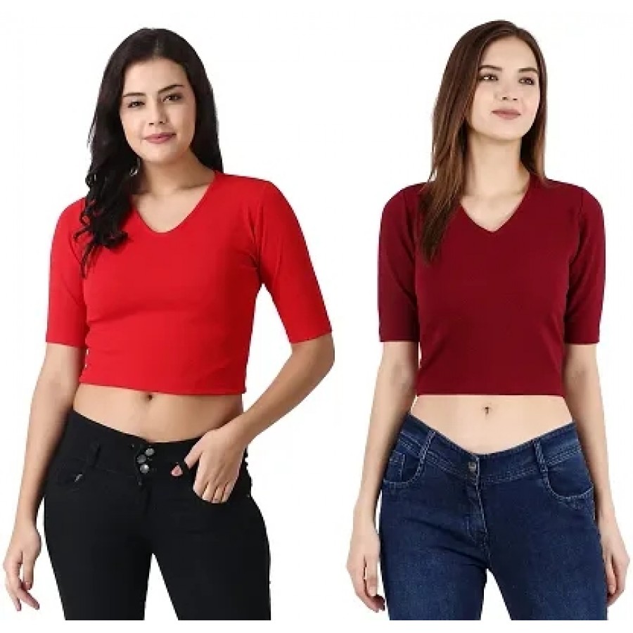 Elegant Multicoloured Polycotton Solid Crop Tops For Women Pack OF 2