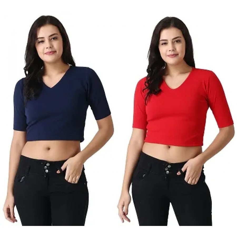 Elegant Multicoloured Polycotton Solid Crop Tops For Women Pack OF 2