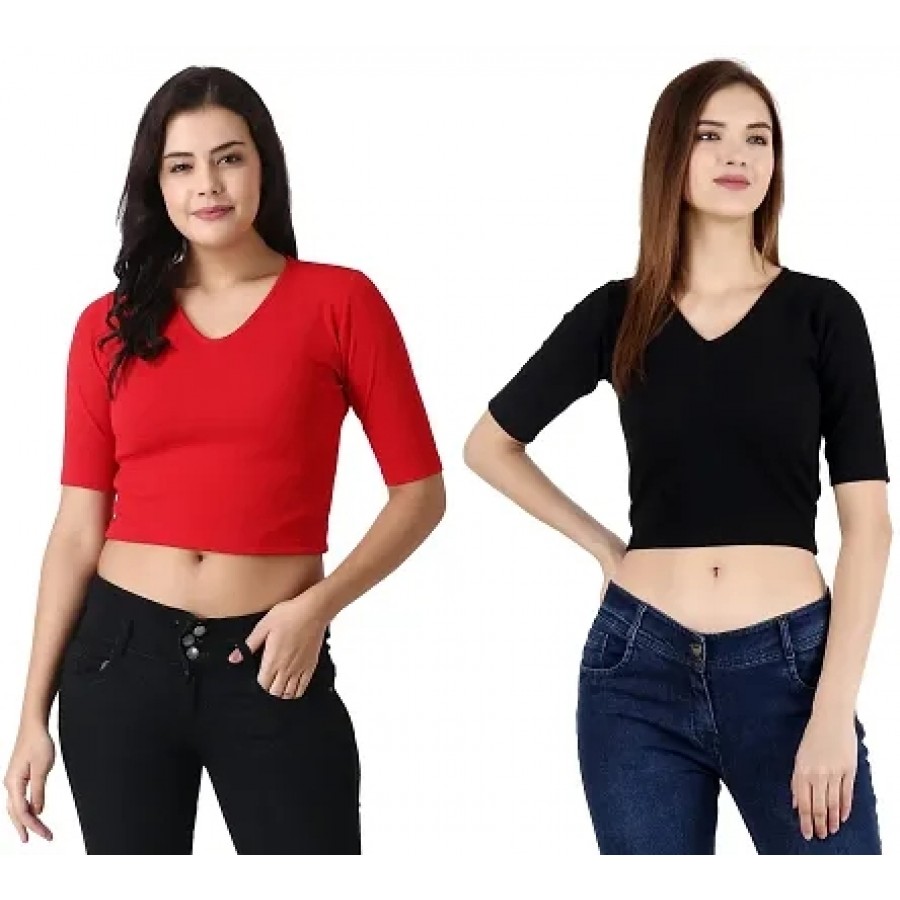 Elegant Multicoloured Polycotton Solid Crop Tops For Women Pack OF 2