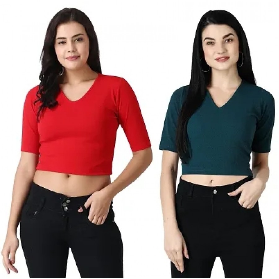 Elegant Multicoloured Polycotton Solid Crop Tops For Women Pack OF 2