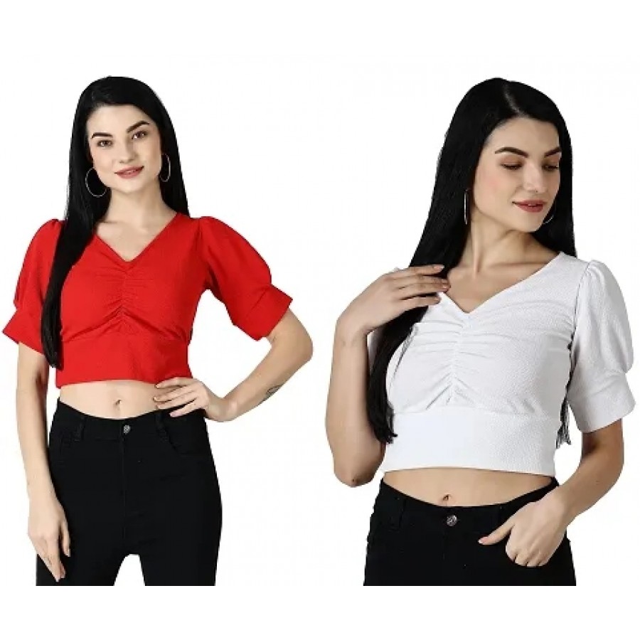 Elegant Multicoloured Polycotton Solid Crop Tops For Women Pack OF 2