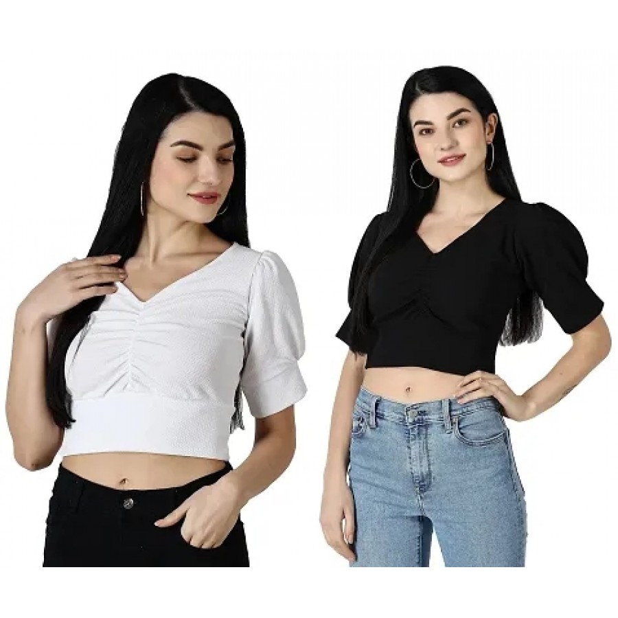 Elegant Multicoloured Polycotton Solid Crop Tops For Women Pack OF 2