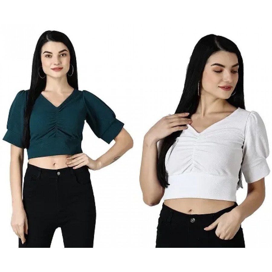 Elegant Multicoloured Polycotton Solid Crop Tops For Women Pack OF 2