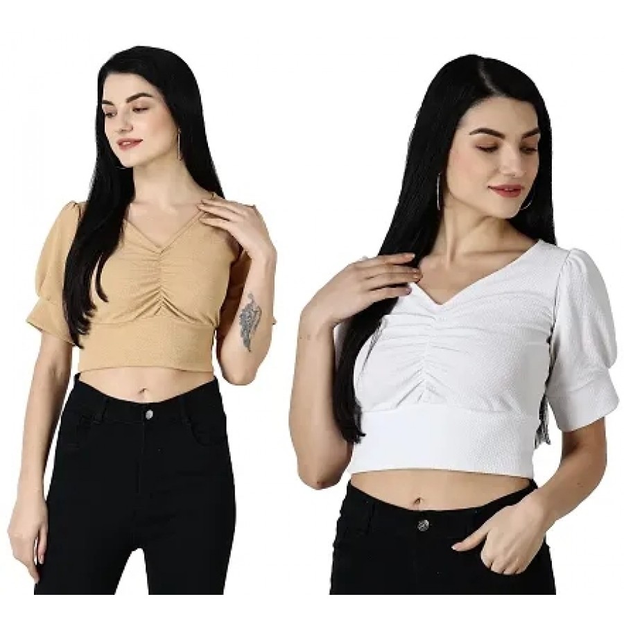 Elegant Multicoloured Polycotton Solid Crop Tops For Women Pack OF 2