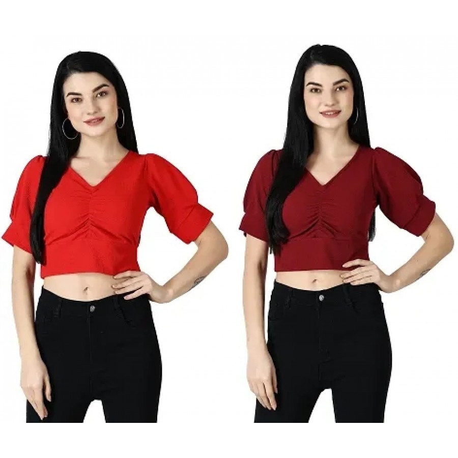 Elegant Multicoloured Polycotton Solid Crop Tops For Women Pack OF 2