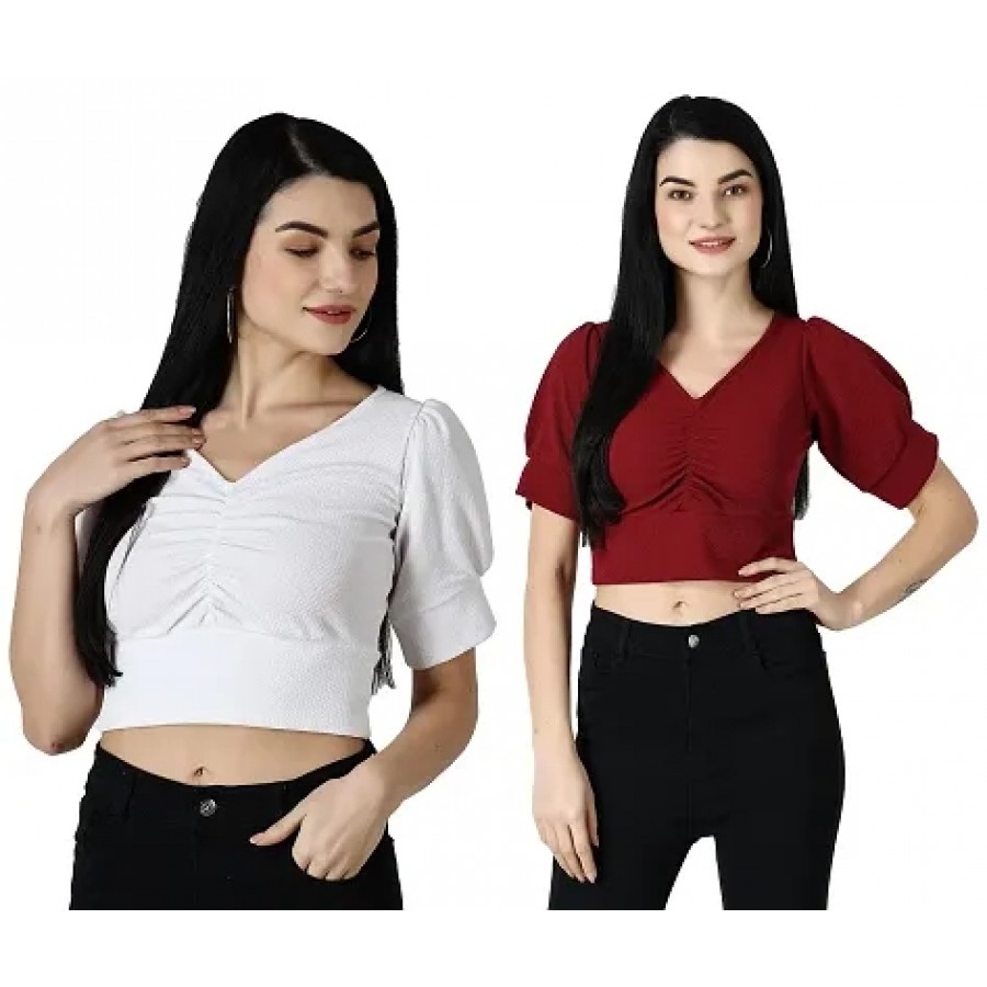 Elegant Multicoloured Polycotton Solid Crop Tops For Women Pack OF 2