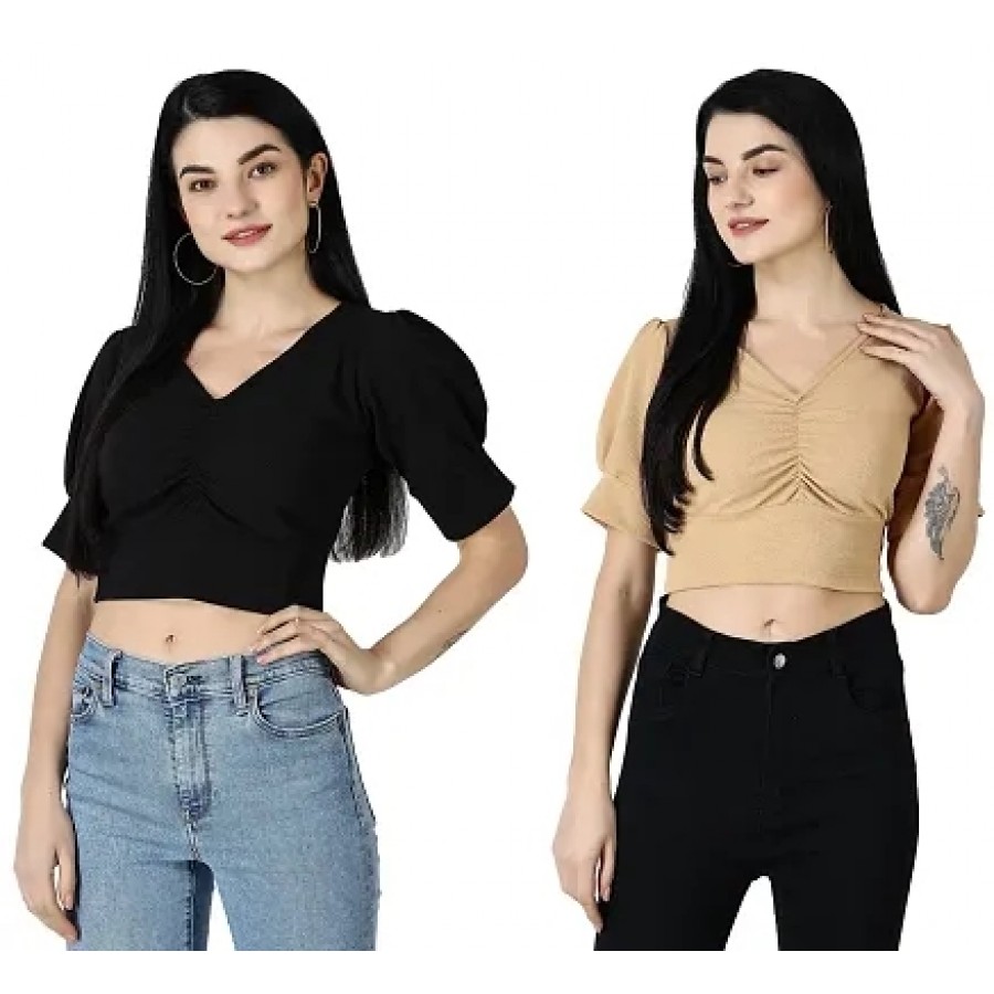 Elegant Multicoloured Polycotton Solid Crop Tops For Women Pack OF 2