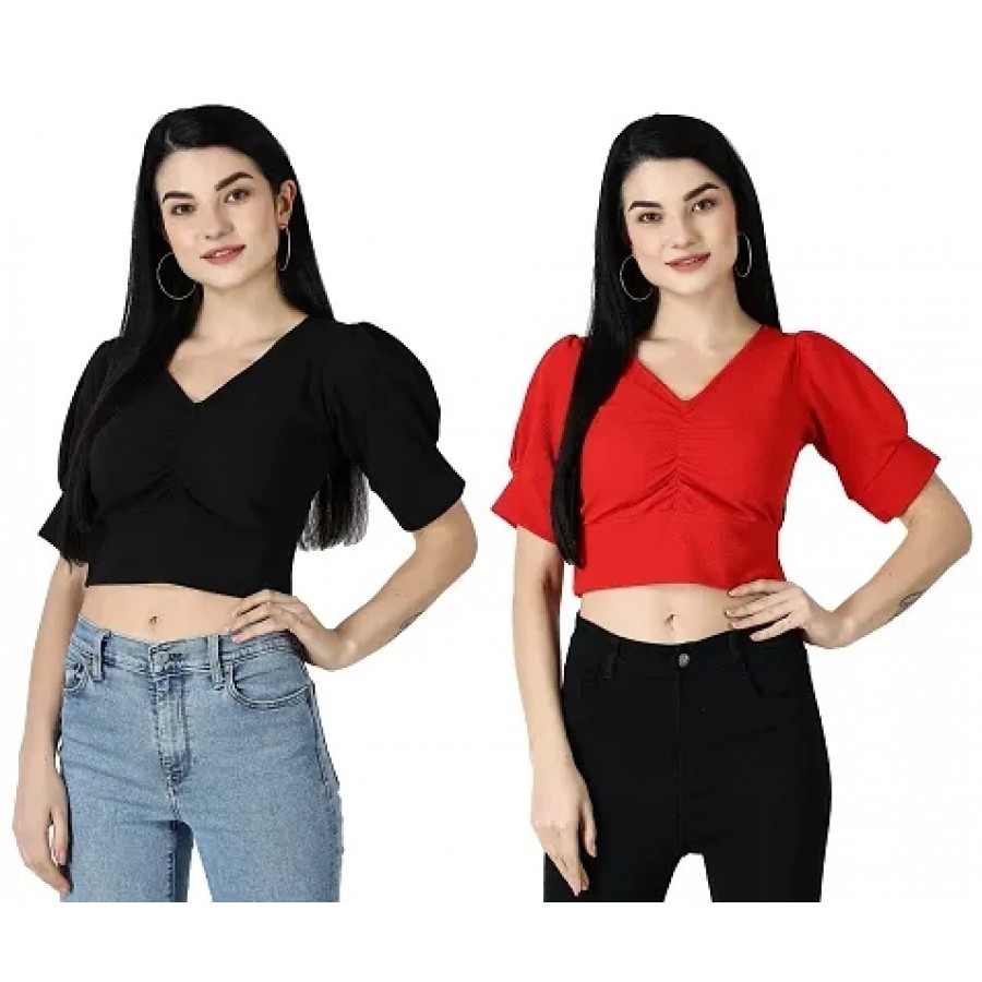 Elegant Multicoloured Polycotton Solid Crop Tops For Women Pack OF 2