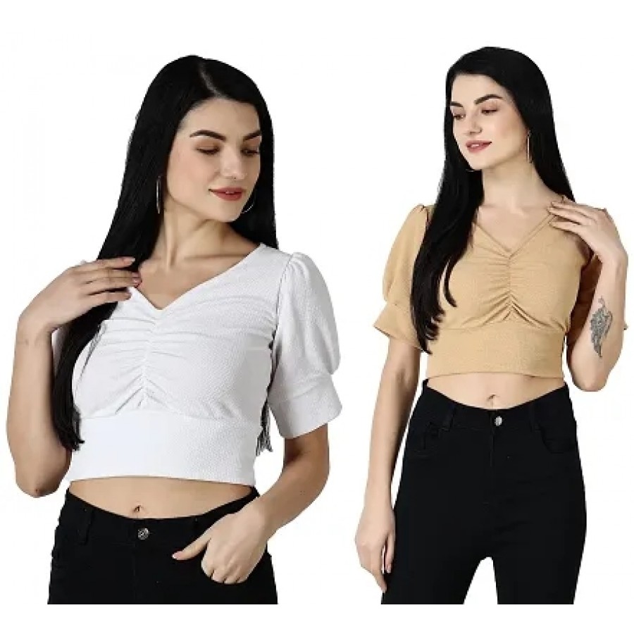 Elegant Multicoloured Polycotton Solid Crop Tops For Women Pack OF 2