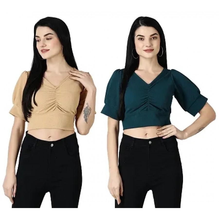 Elegant Multicoloured Polycotton Solid Crop Tops For Women Pack OF 2