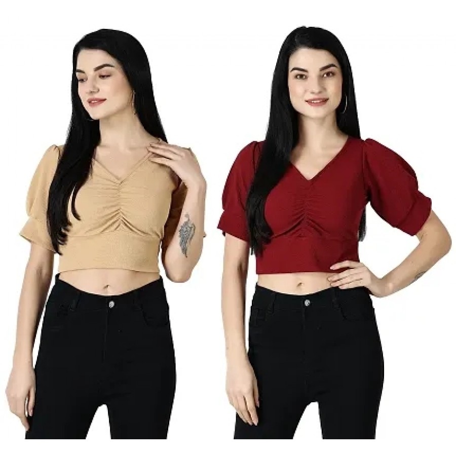 Elegant Multicoloured Polycotton Solid Crop Tops For Women Pack OF 2