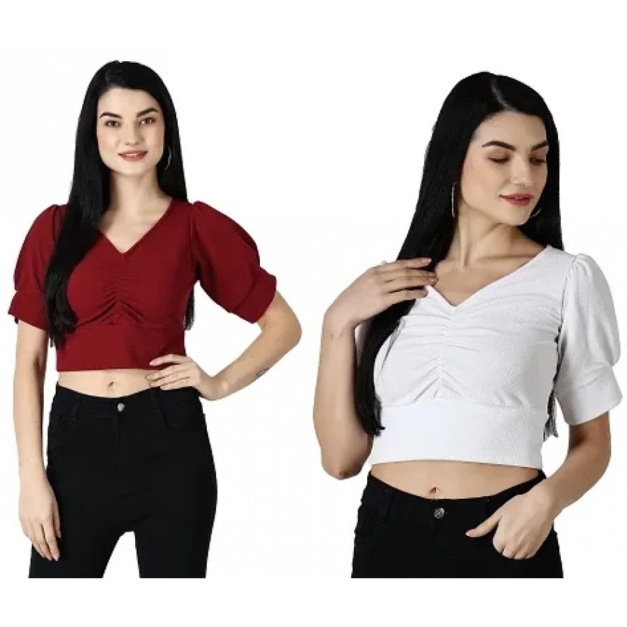 Elegant Multicoloured Polycotton Solid Crop Tops For Women Pack OF 2