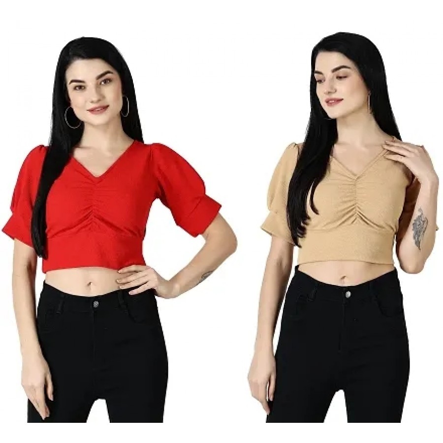 Elegant Multicoloured Polycotton Solid Crop Tops For Women Pack OF 2