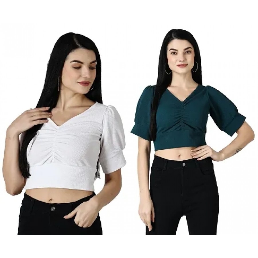 Elegant Multicoloured Polycotton Solid Crop Tops For Women Pack OF 2