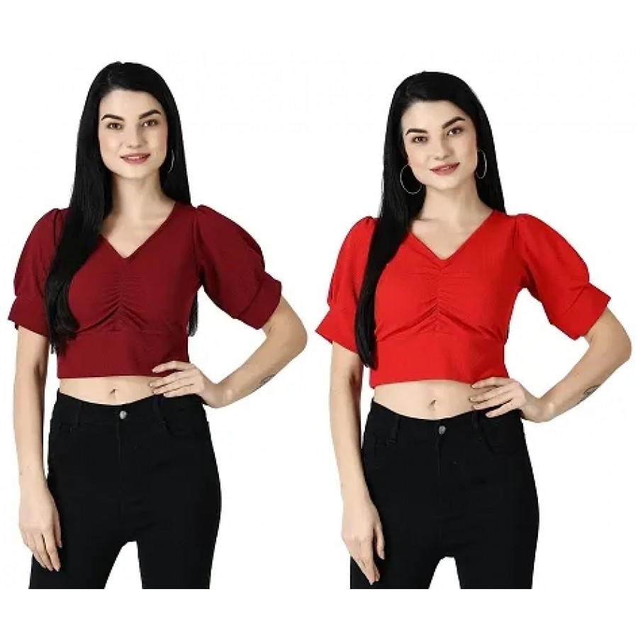 Elegant Multicoloured Polycotton Solid Crop Tops For Women Pack OF 2