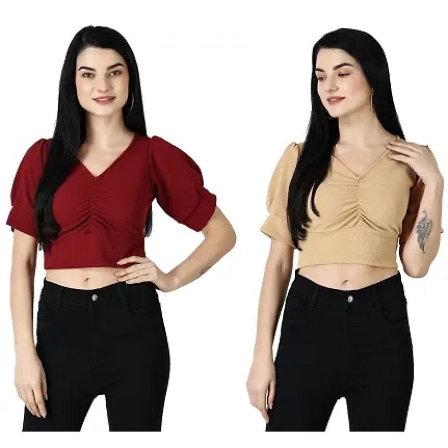 Elegant Multicoloured Polycotton Solid Crop Tops For Women Pack OF 2