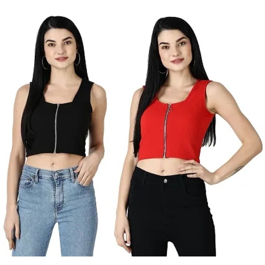 Elegant Multicoloured Polycotton Solid Crop Tops For Women Pack OF 2