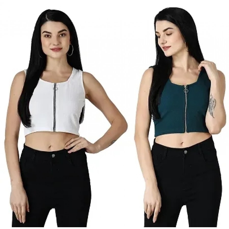 Elegant Multicoloured Polycotton Solid Crop Tops For Women Pack OF 2