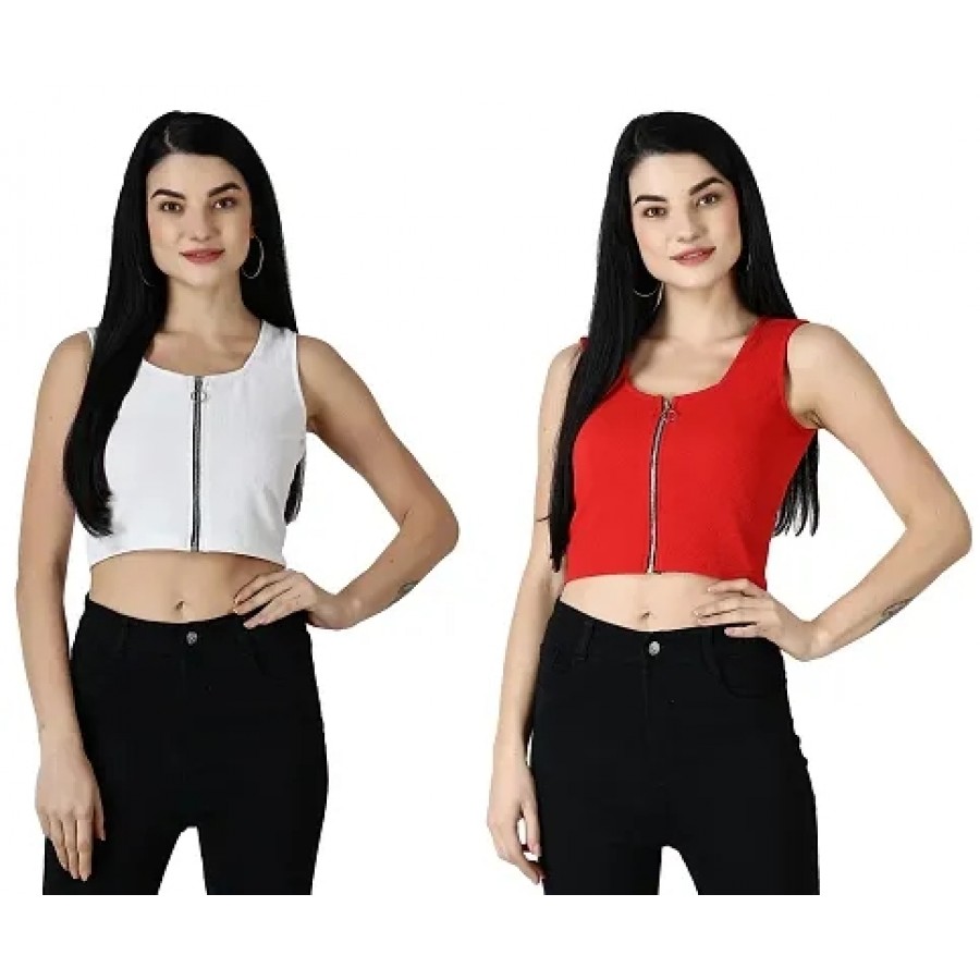 Elegant Multicoloured Polycotton Solid Crop Tops For Women Pack OF 2