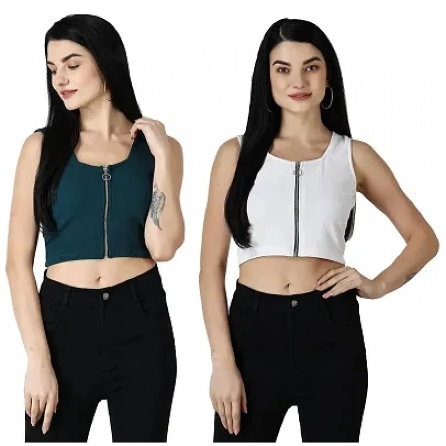 Elegant Multicoloured Polycotton Solid Crop Tops For Women Pack OF 2