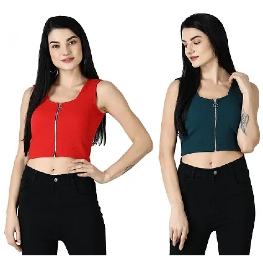 Elegant Multicoloured Polycotton Solid Crop Tops For Women Pack OF 2