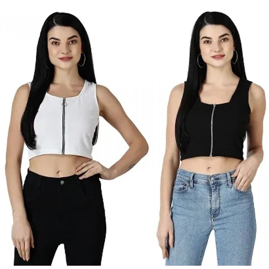 Elegant Multicoloured Polycotton Solid Crop Tops For Women Pack OF 2