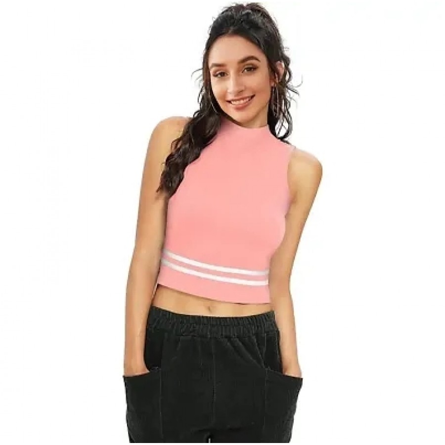 Elegant Peach Cotton Hosiery Striped Crop Top For Women