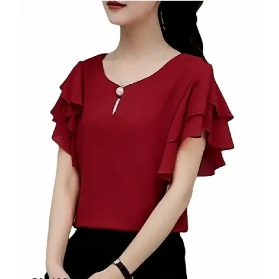 Elegant Red Crepe Solid Top For Women