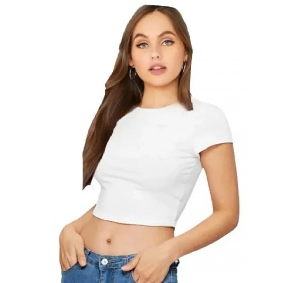 Elegant White Cotton Hosiery Solid Crop Top For Women