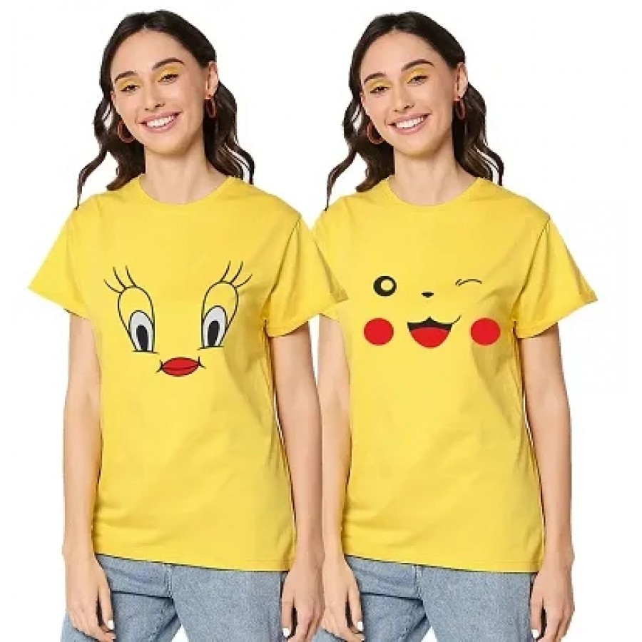 Elegant Yellow Cotton Blend Printed Round Neck T-Shirts For Women- Pack Of 2