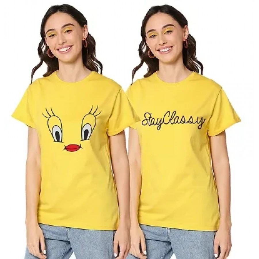 Elegant Yellow Cotton Blend Printed Round Neck T-Shirts For Women- Pack Of 2