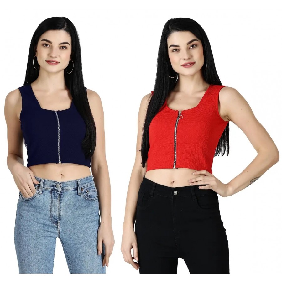 Elegant Multicoloured Polycotton Solid Crop Tops For Women Pack OF 2