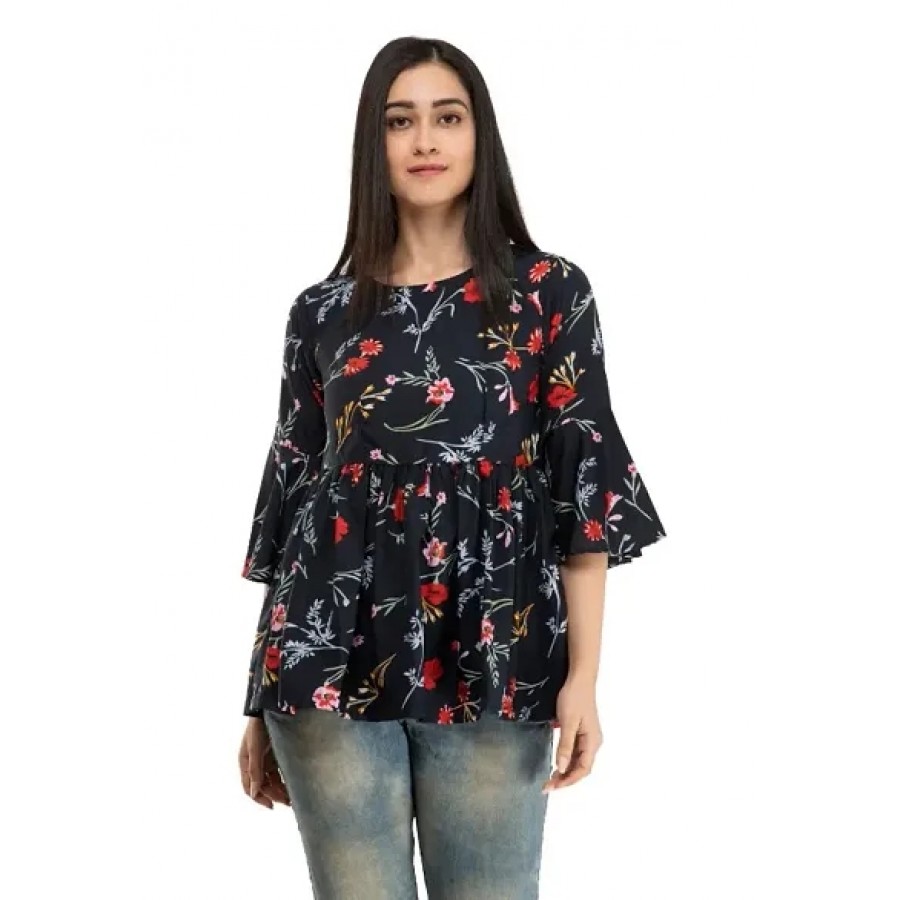 Elite Black Printed Crepe Regular Length Tops For Women