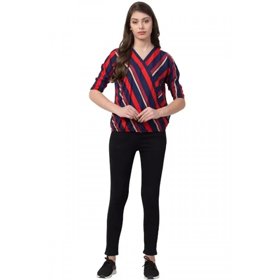 Elite Blue Striped Crepe Regular Length Tops For Women