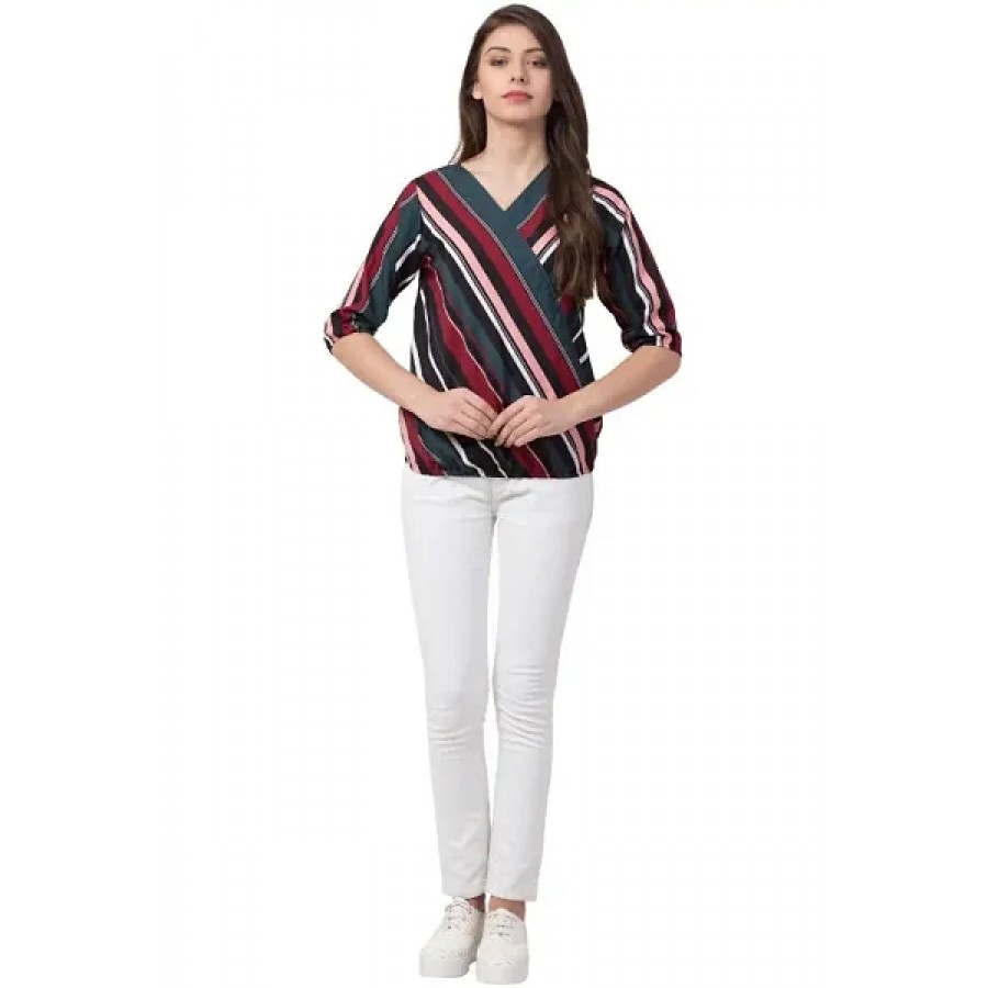 Elite Multicoloured Striped Crepe Regular Length Tops For Women