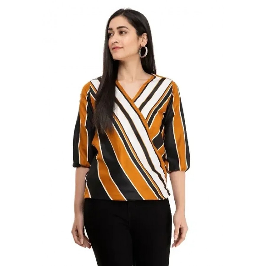 Elite Multicoloured Striped Crepe Regular Length Tops For Women