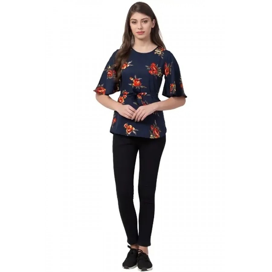 Elite Navy Blue Printed Crepe Regular Length Tops For Women