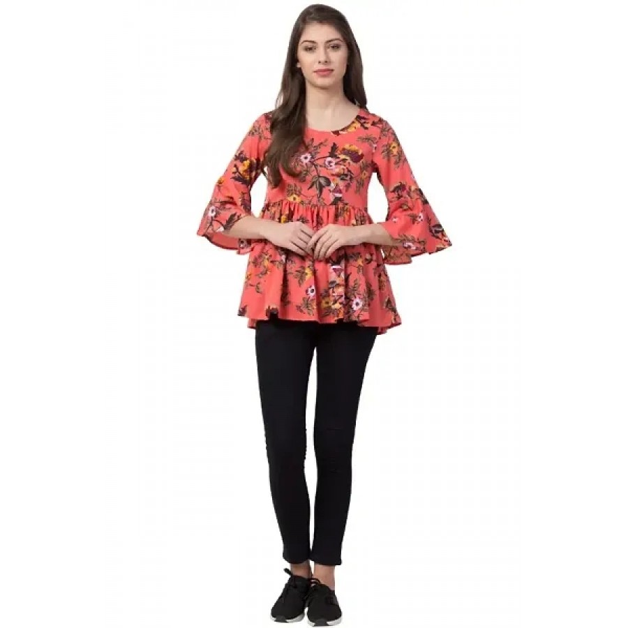 Elite Orange Printed Crepe Regular Length Tops For Women