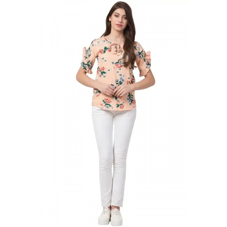 Elite Peach Printed Crepe Regular Length Tops For Women