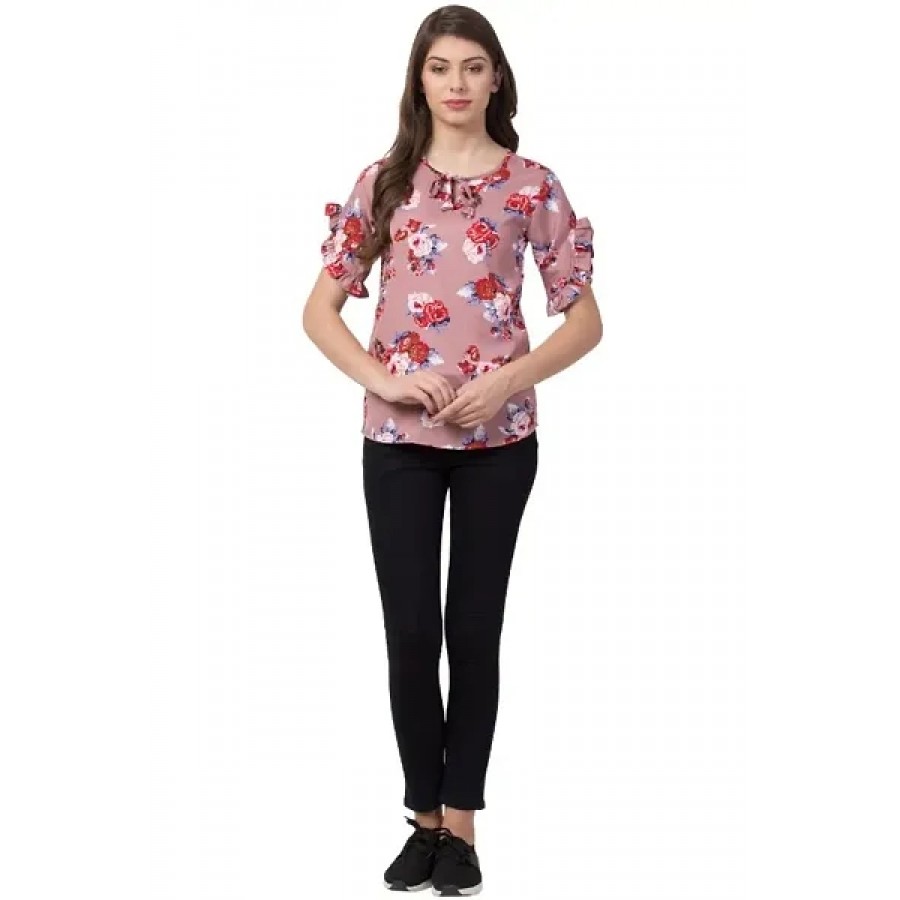 Elite Pink Printed Crepe Regular Length Tops For Women