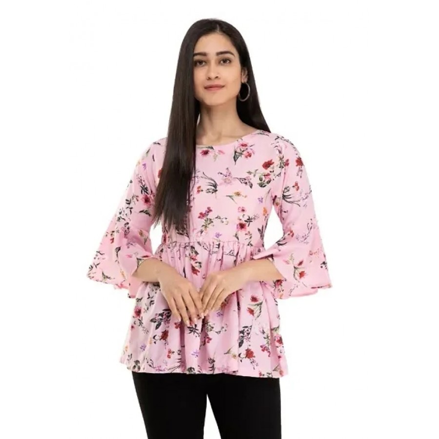 Elite Pink Printed Crepe Regular Length Tops For Women