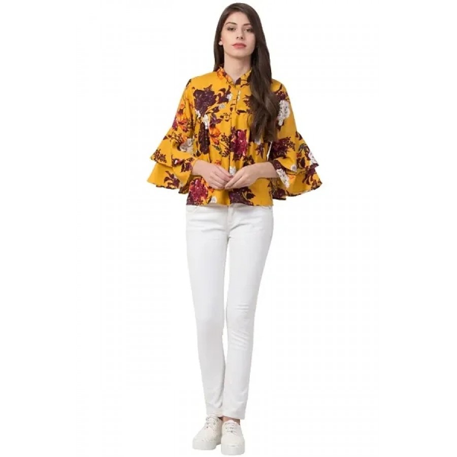 Elite Yellow Printed Crepe Regular Length Tops For Women