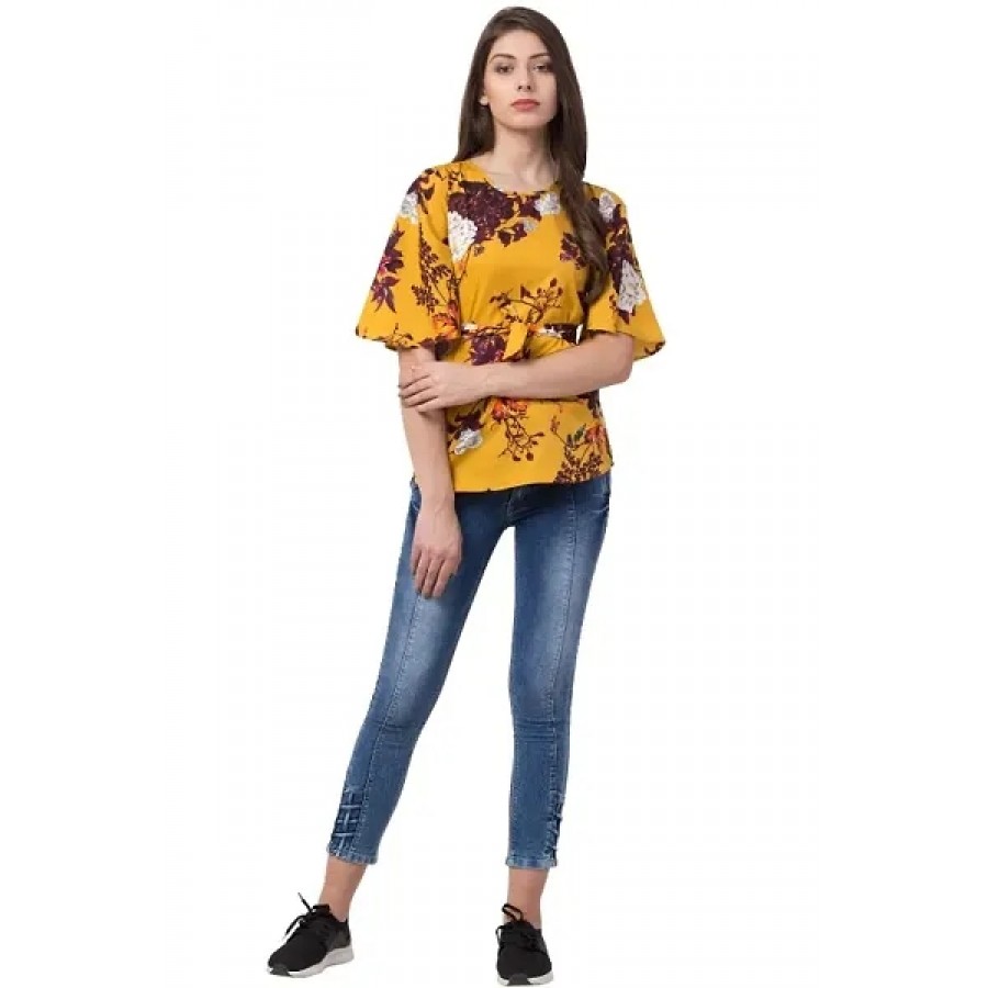 Elite Yellow Printed Crepe Regular Length Tops For Women