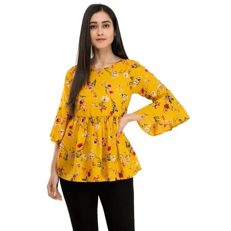 Elite Yellow Printed Crepe Regular Length Tops For Women