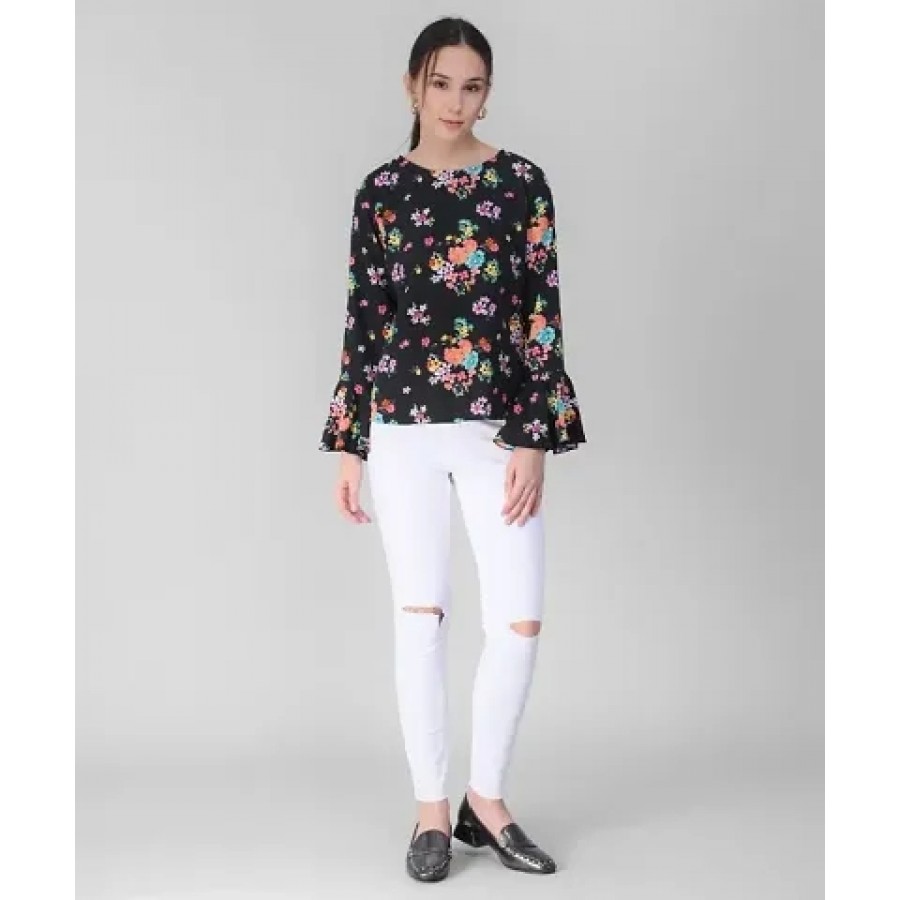 Elizy Women Black Base Red Floral Printed Bell Sleeve Top